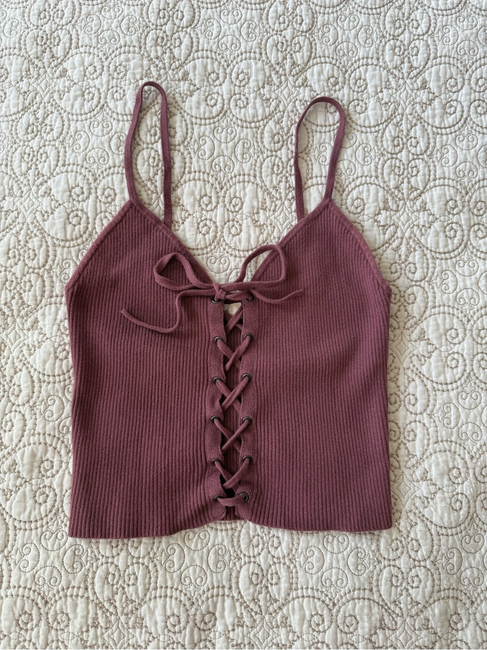 Mauve Ribbed Lace-Up Spaghetti Strap Cami/ crop top w/ adjustable straps